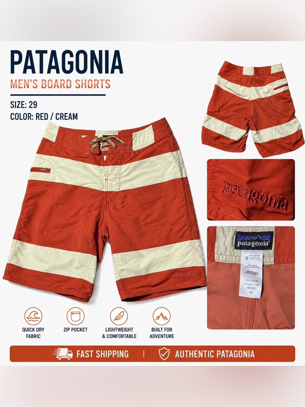 Patagonia Men's Red and Cream Striped Board Shorts